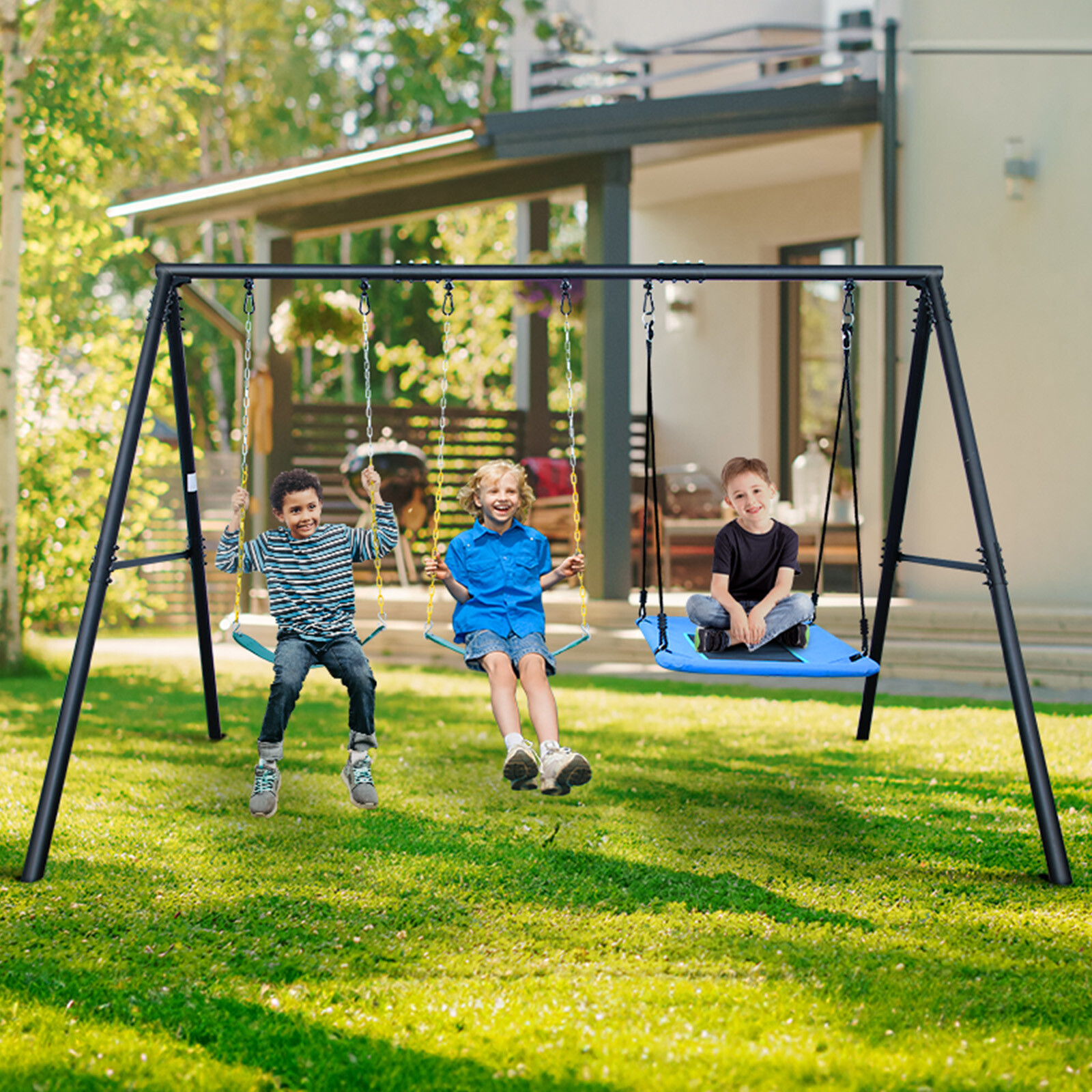 600lb Outdoor Swing Set for Backyard with 3 Swings Heavy Duty Metal Swing Stand