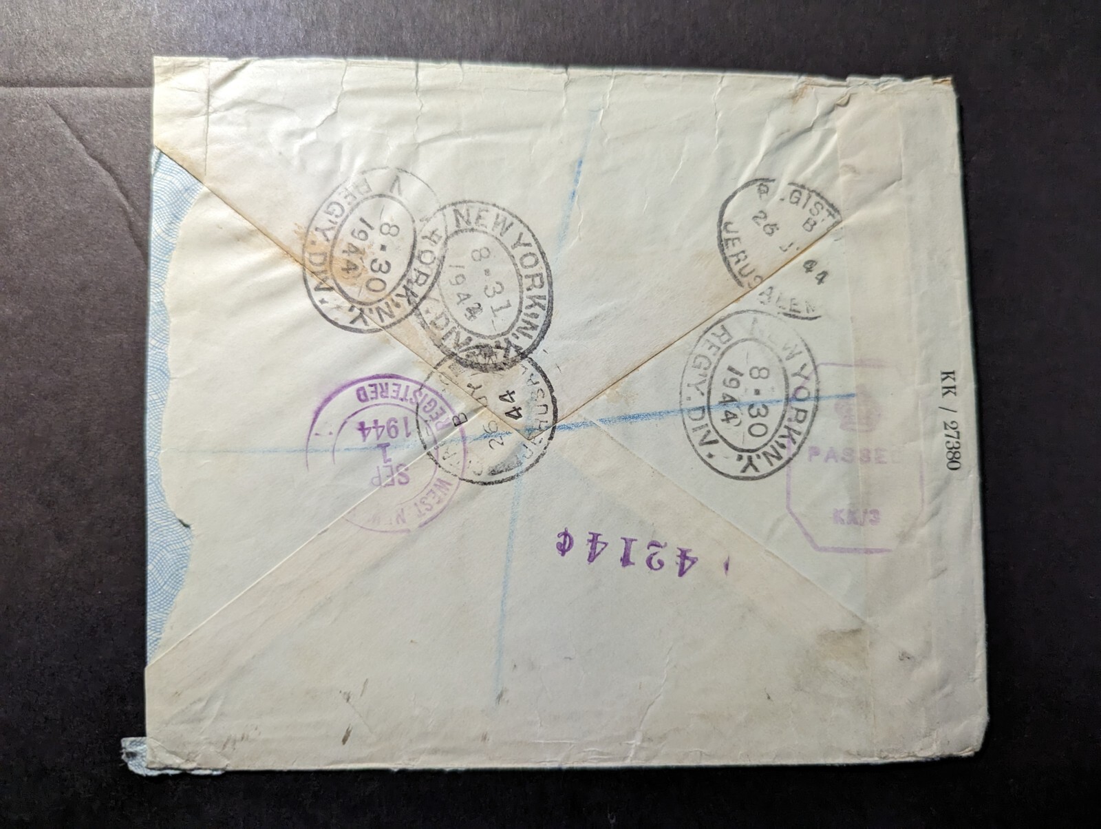 1944 Registered Palestine Cover Jerusalem to West New York NY USA