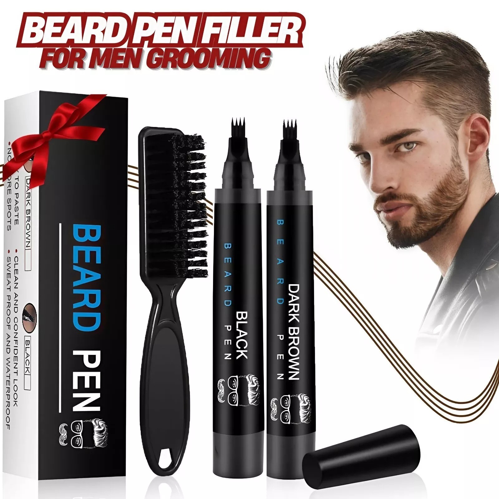 Men Beard Filling Pen Hair Grower Waterproof Filler Moustache Eyebrow Brush Tool