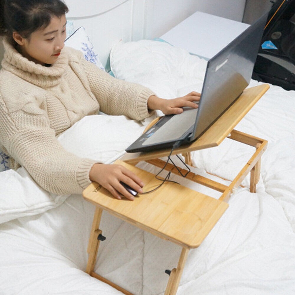 Bamboo Adjustable Laptop Tray Lap Desk Stand Foldable Bed Table w/drawer