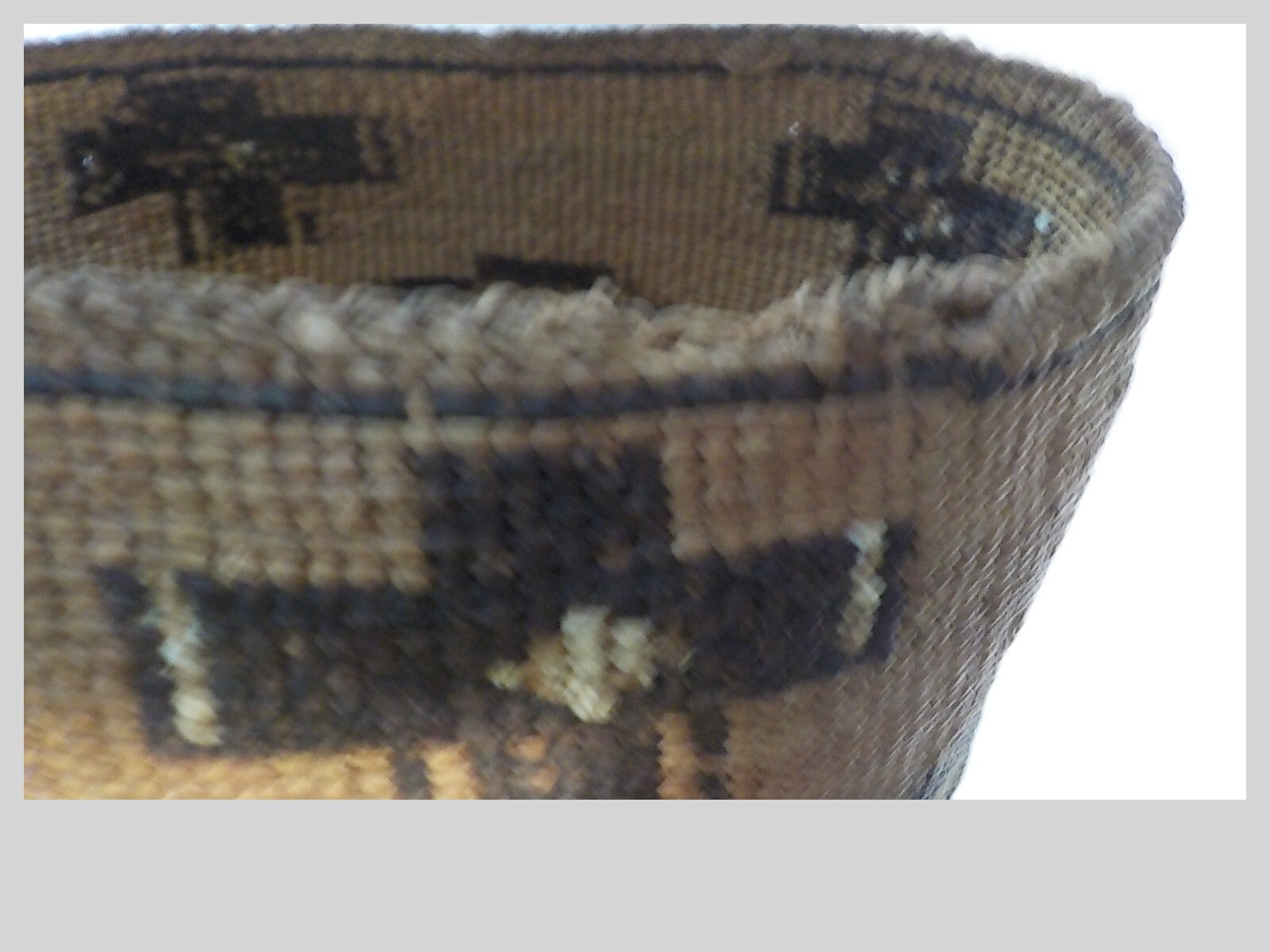 Antique Klamath Basket with Yellow dyed bird quill c. 1900 7" x 5"