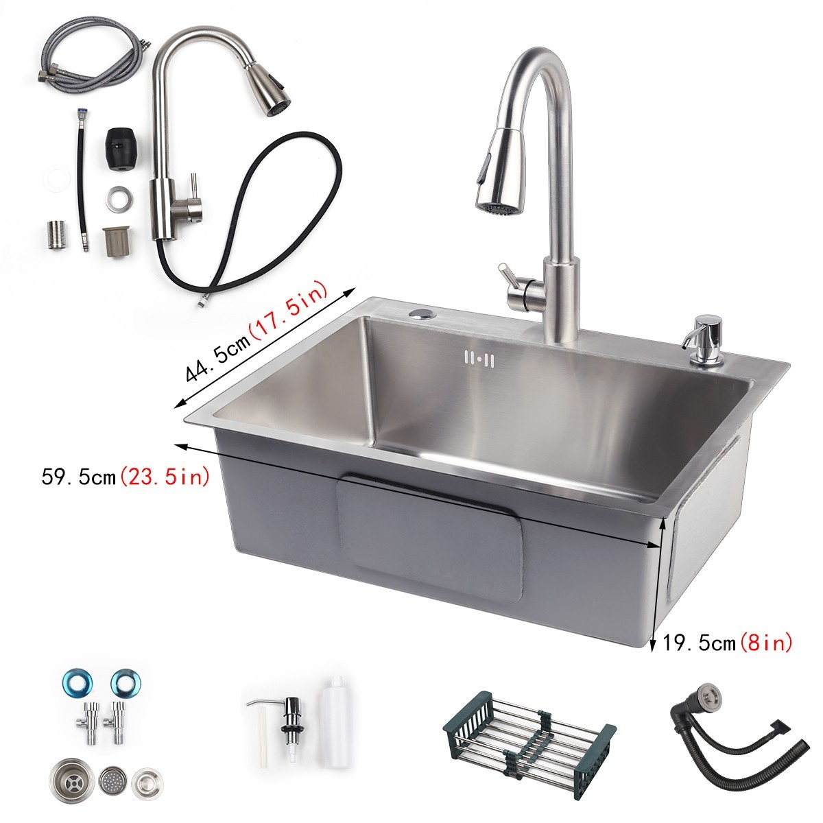 Kitchen Sink 23X17X8" Drop-in Stainless Steel Single Bowl Top Mount w/Faucet