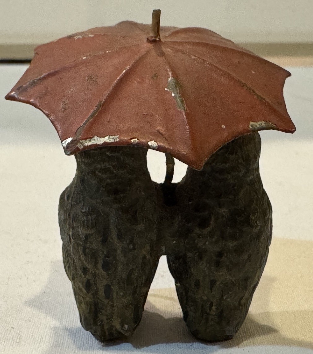 Antique Austrian Bronze Pair of Owls with Red Umbrella- Hand Painted 2in