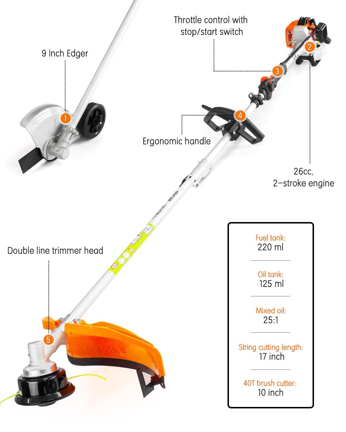 26CC 3-In-1 Gas String Trimmer Lawn Mower 2-Cycle Brush Cutter Weed Eater Wacker