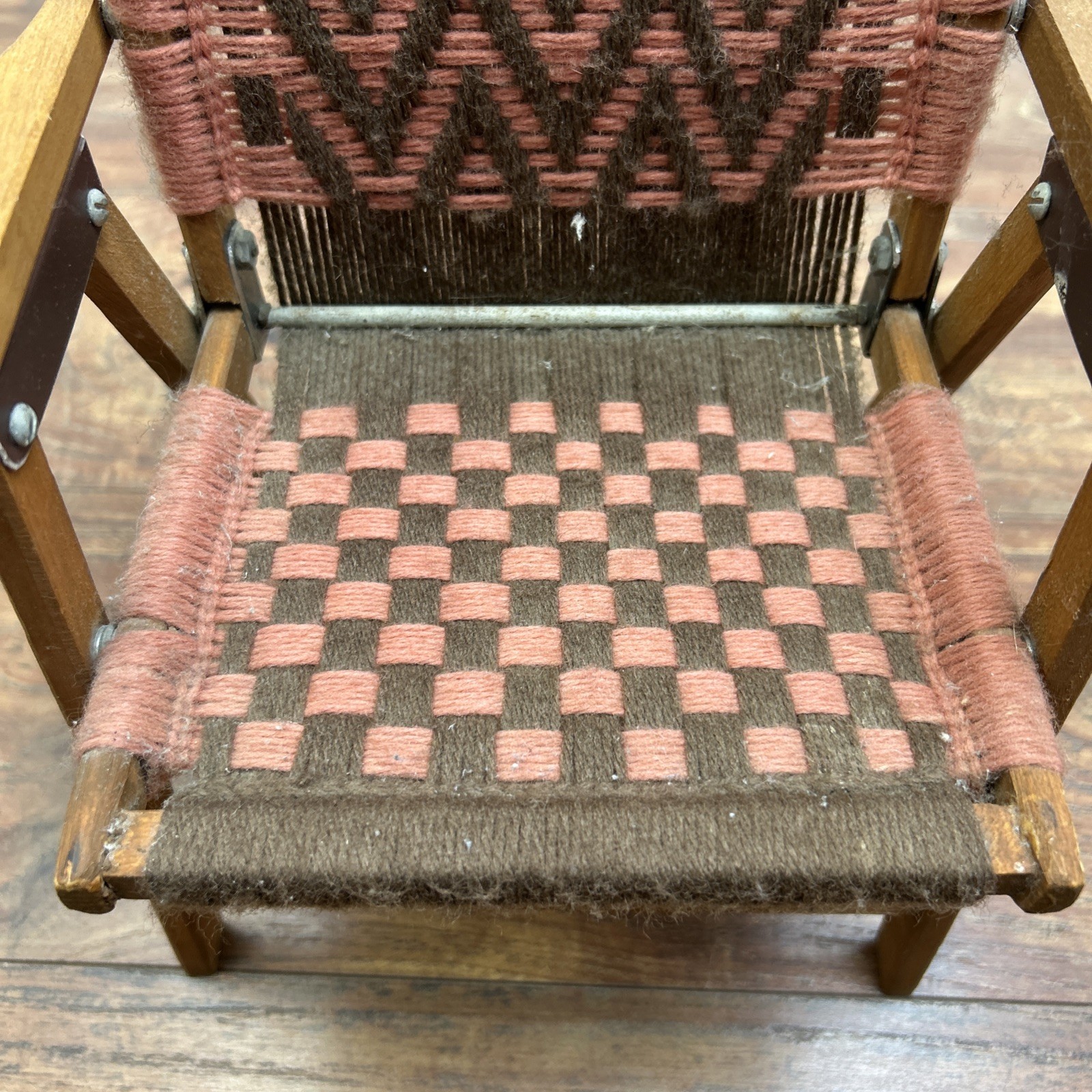 Macrame Wooden Folding Baby Doll Chair Vintage Handwoven Brown Pink ** DOLL SIZE