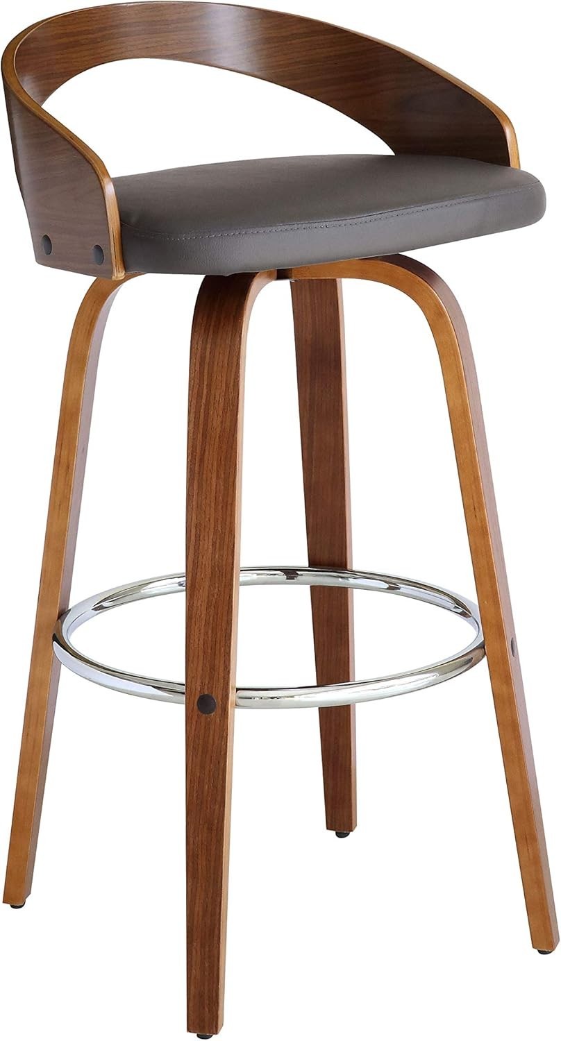 Armen Living Sonia 30" Bar Stool Swivel Gray Faux Leather and Walnut