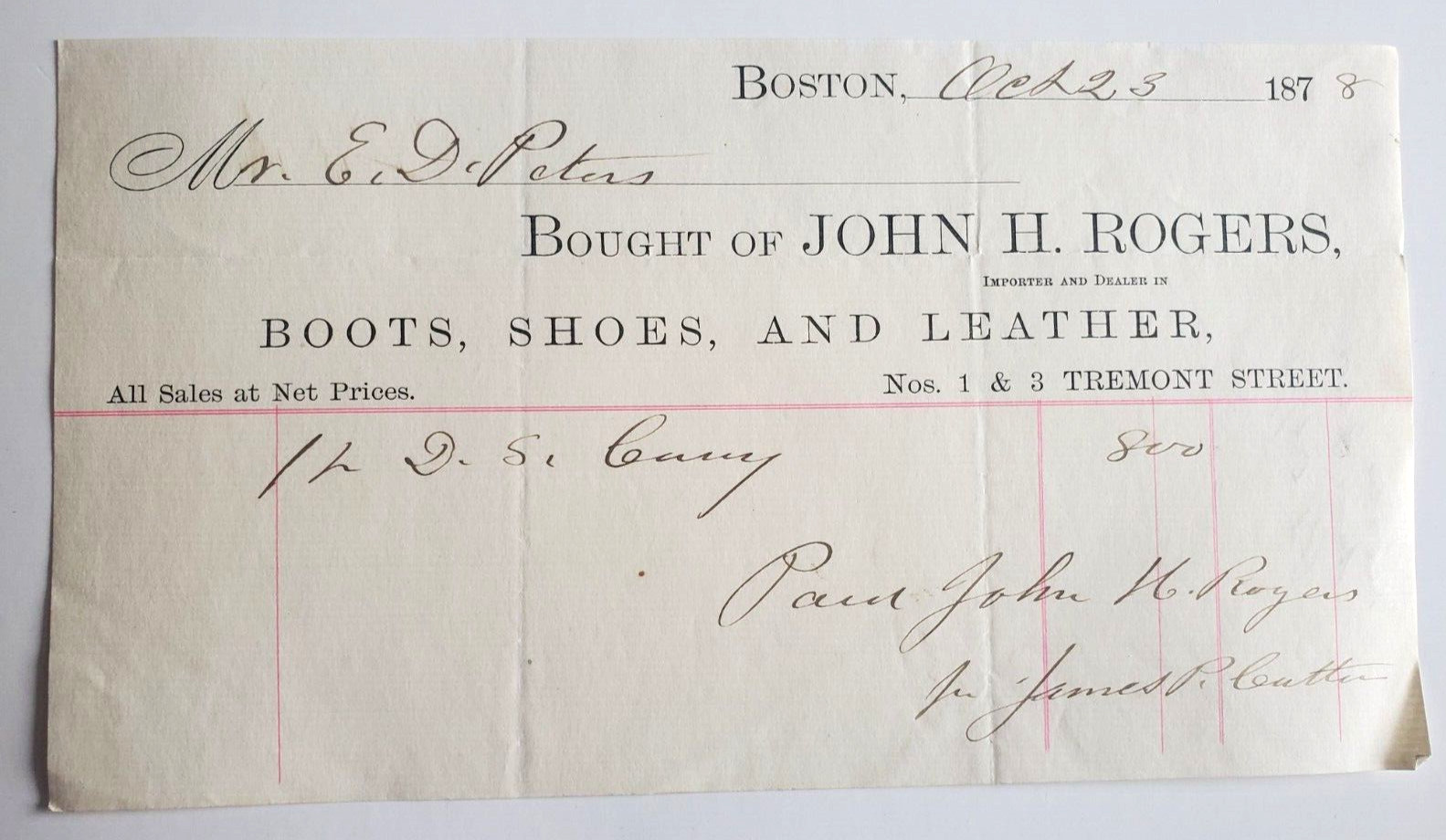 1878 Invoice, John H. Rogers, Boots, Shoes And Leather, Boston, Massachusetts