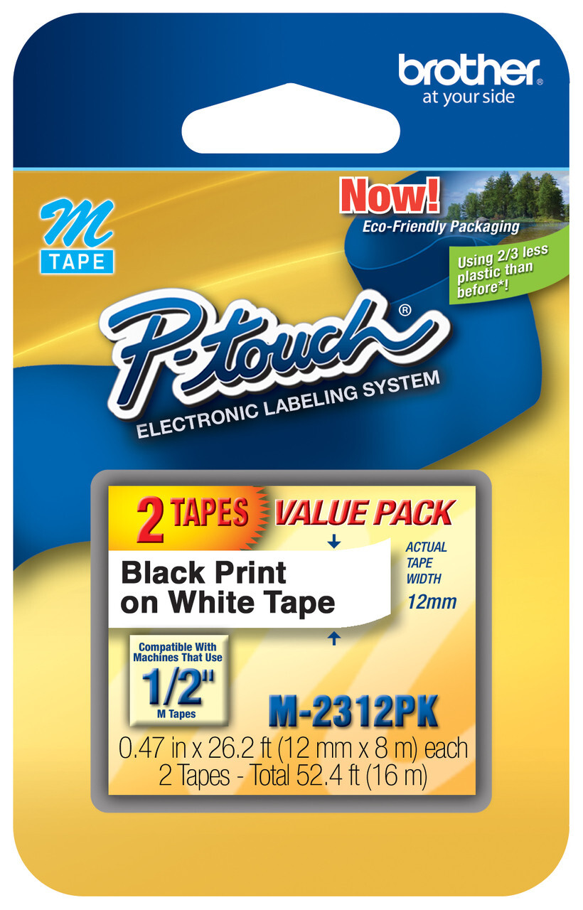 2 Pack Brother P-Touch M-Tape Tape 1/2 inch BLACK on WHITE for Label Maker  M231