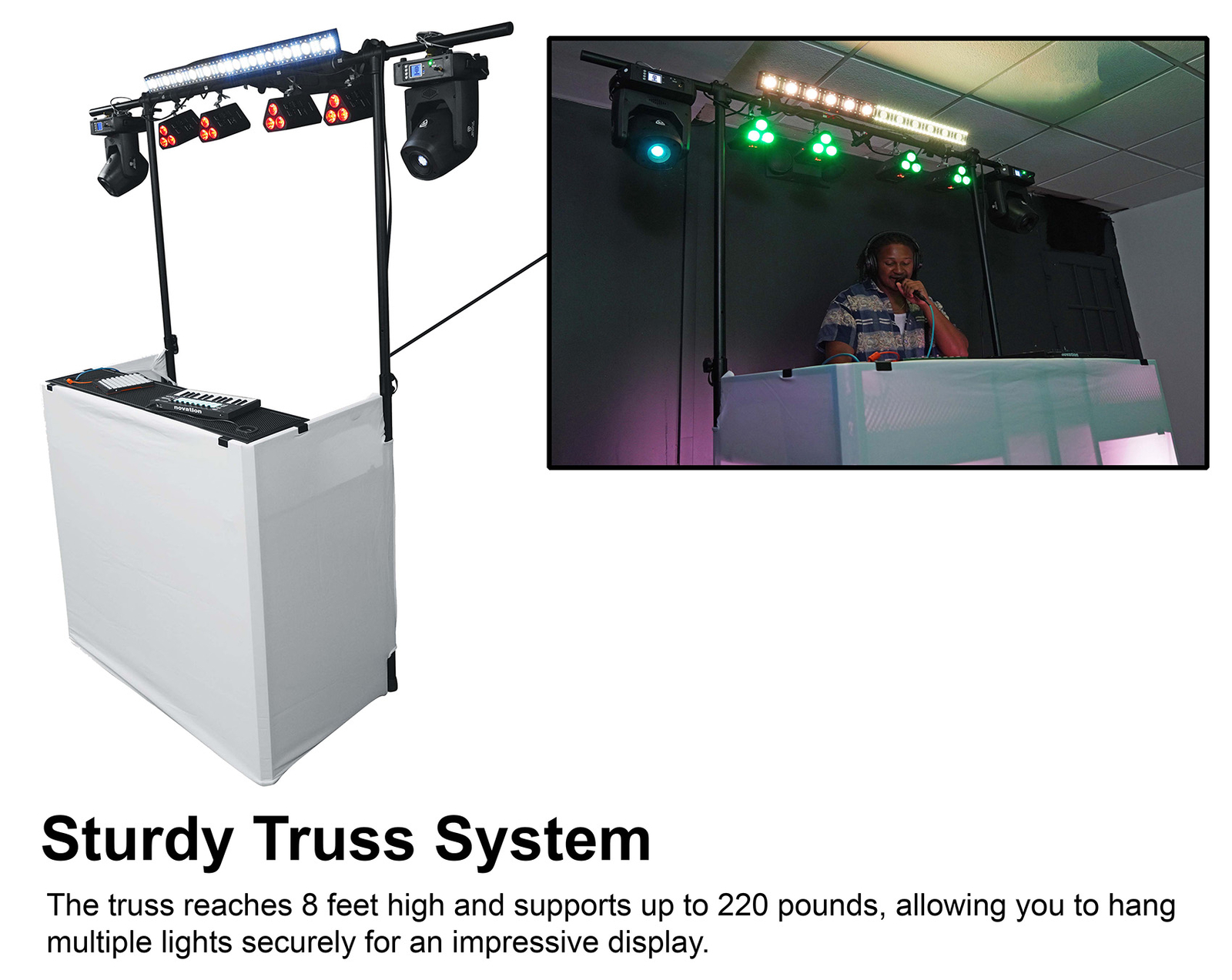 Rockville ROCKBOOTH TRUSS DJ Booth Table Facade w/Truss+(2) Up-Lights