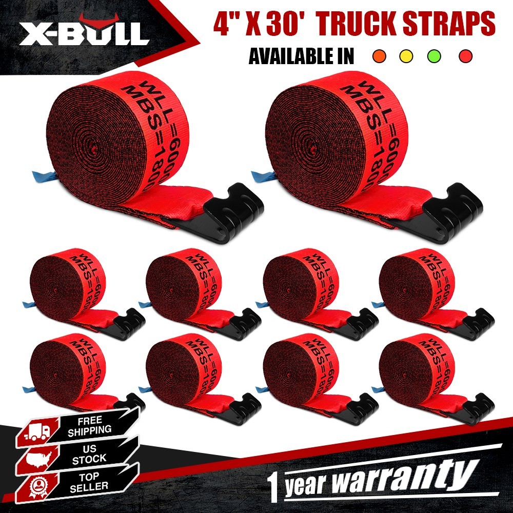 X-BULL 10 Pack 4" x 30'  Winch Truck Straps w/Flat Hook for Towing 18000 lbs Red