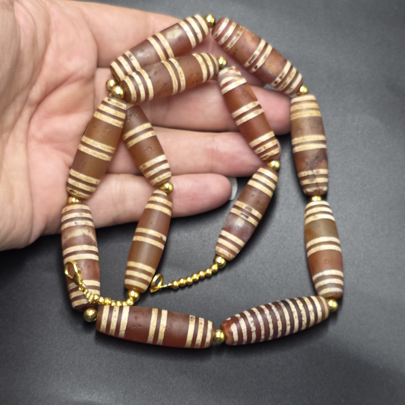 Antique Etched Carnelian Decorated Agate Beads Necklace.