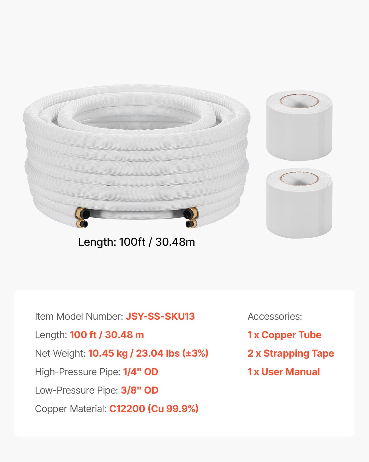 VEVOR 100ft Mini Split Line Set 1/4 3/8 OD AC Copper White PE Insulated Coil