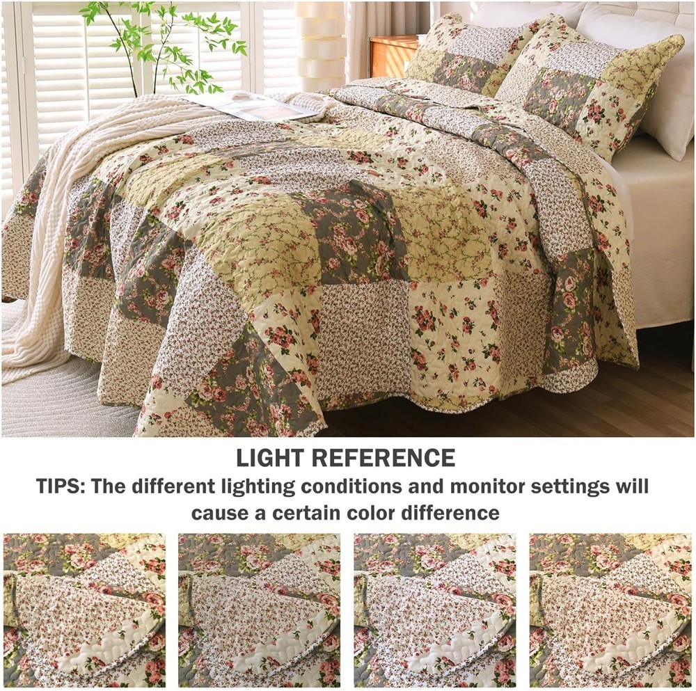 Romantic Patchwork Quilt Set King Size Reversible Bedspread Coverlet All Season