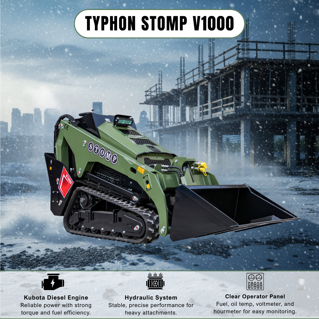 TYPHON Stomp V1000 Kubota D1105 Diesel 24.4hp Skid Steer Hydraulics Full Control