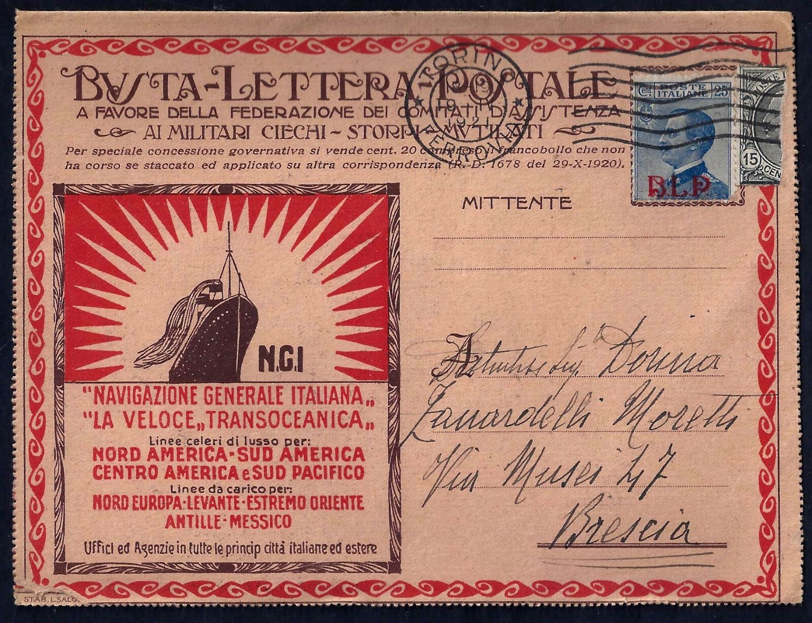 ITALY 1921 SEMI POSTAL 25¢ OVPTD BLP Sc B12b TIED TORINO 19 IV 1921 ON PAQUEBOT