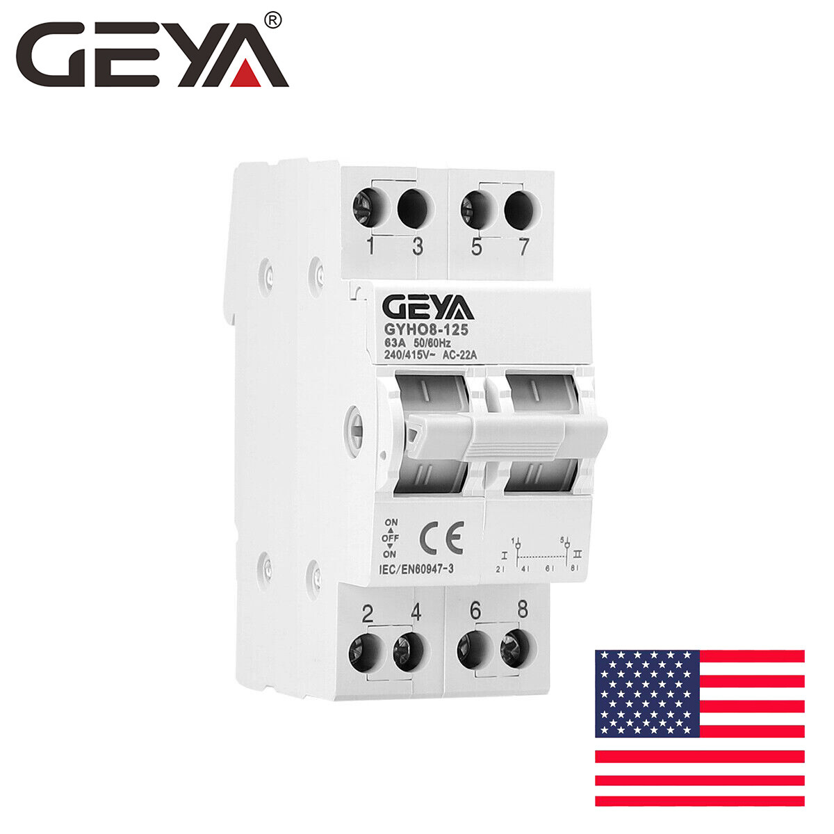 GEYA Manual Changeover Transfer Isolating Switch 2Pole 63A Dual Power Solar/Grid