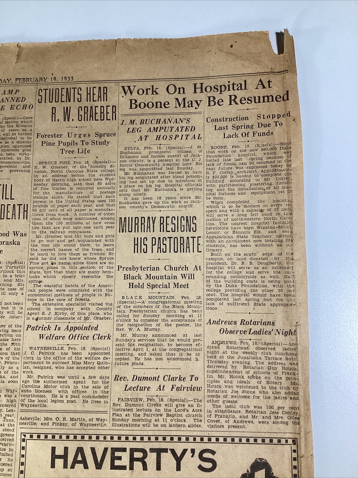 Ashville NC Newspaper Feb 19, 1933 Boxer Jim Corbett Dempsey Lou Gehrig Haverty