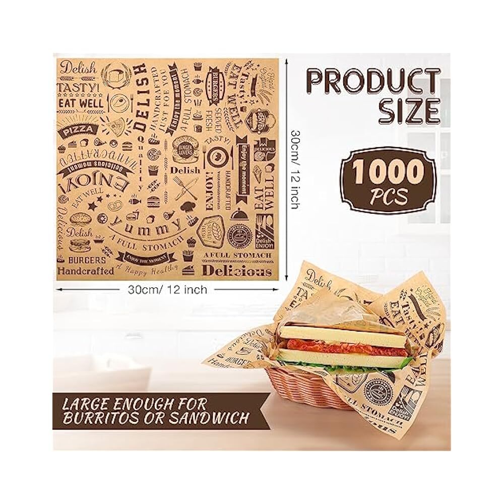 1000ct 12x12" Food Wax Paper, Grease Resistant Liners for Trays & Baskets