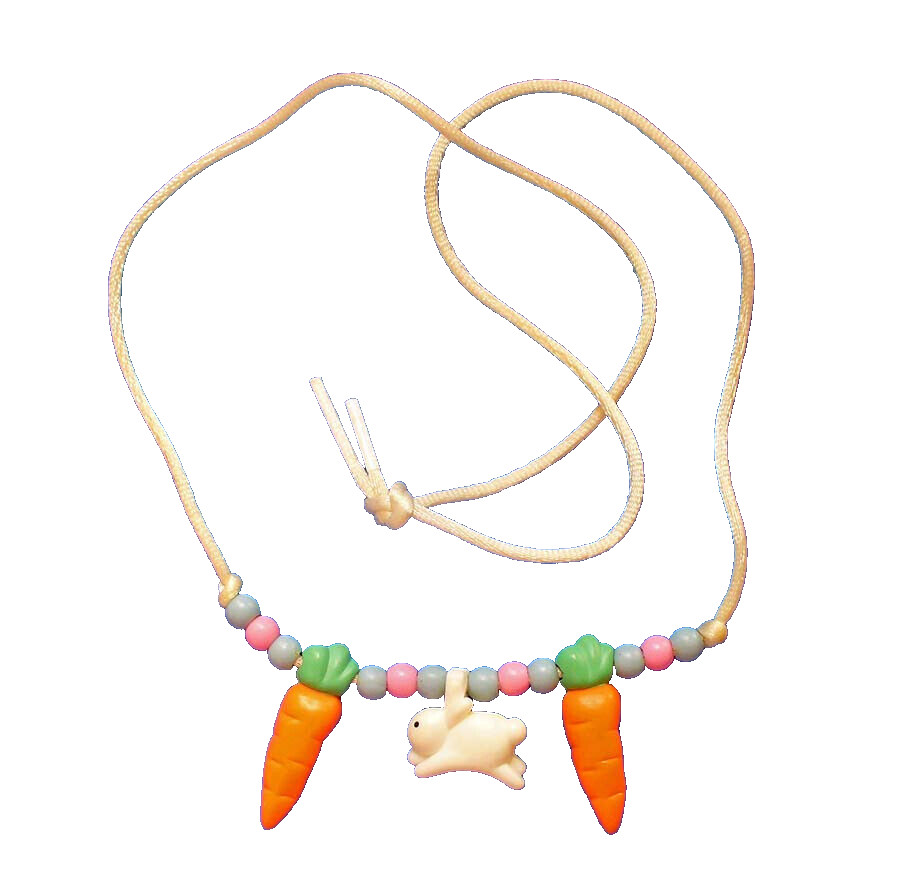 Hallmark NECKLACE Easter Vintage BUNNY Rabbit & CARROTS w Beads Adjustable