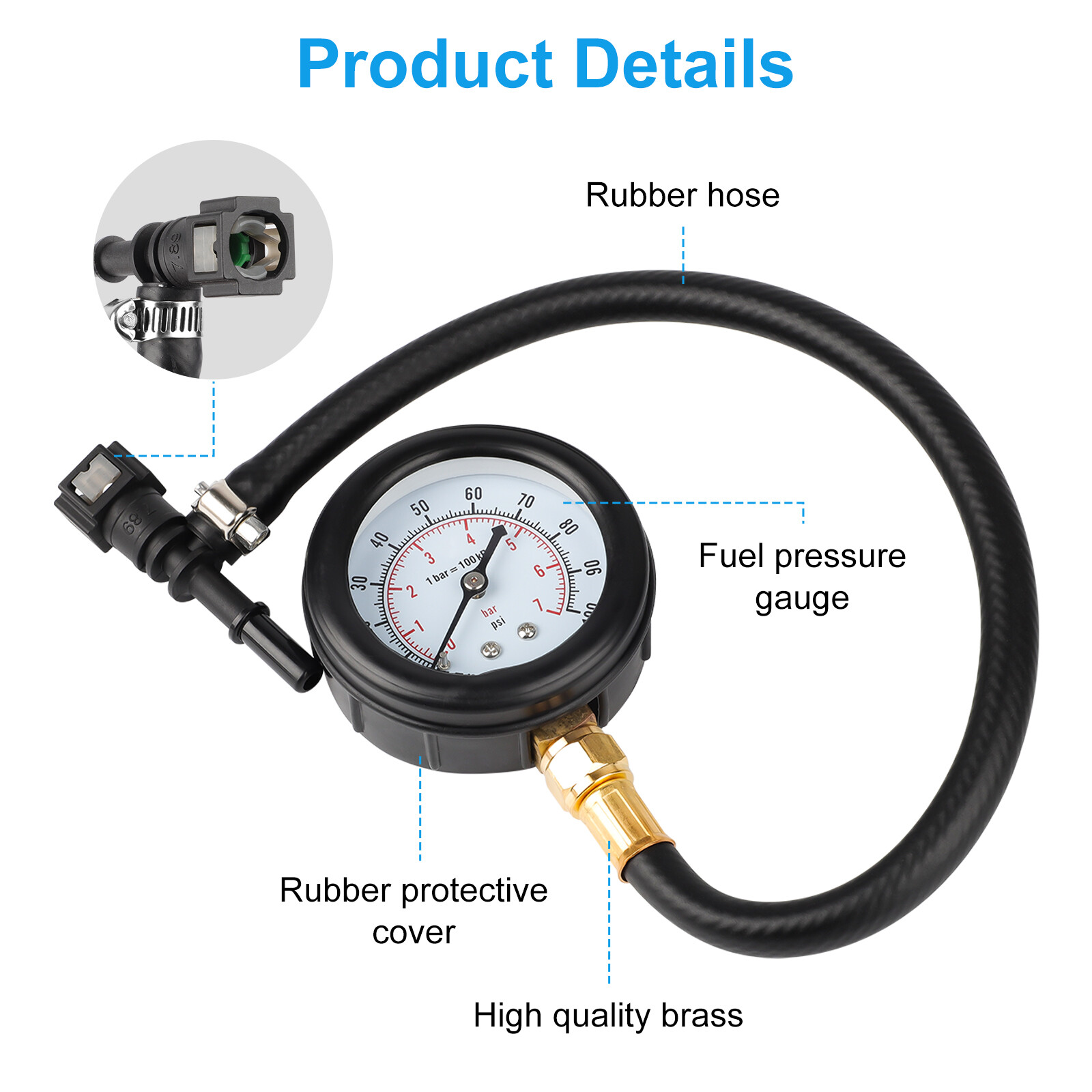 100PSI Fuel Injection Pressure Tester Gauge with 3 Quick Connectors Set for Cars