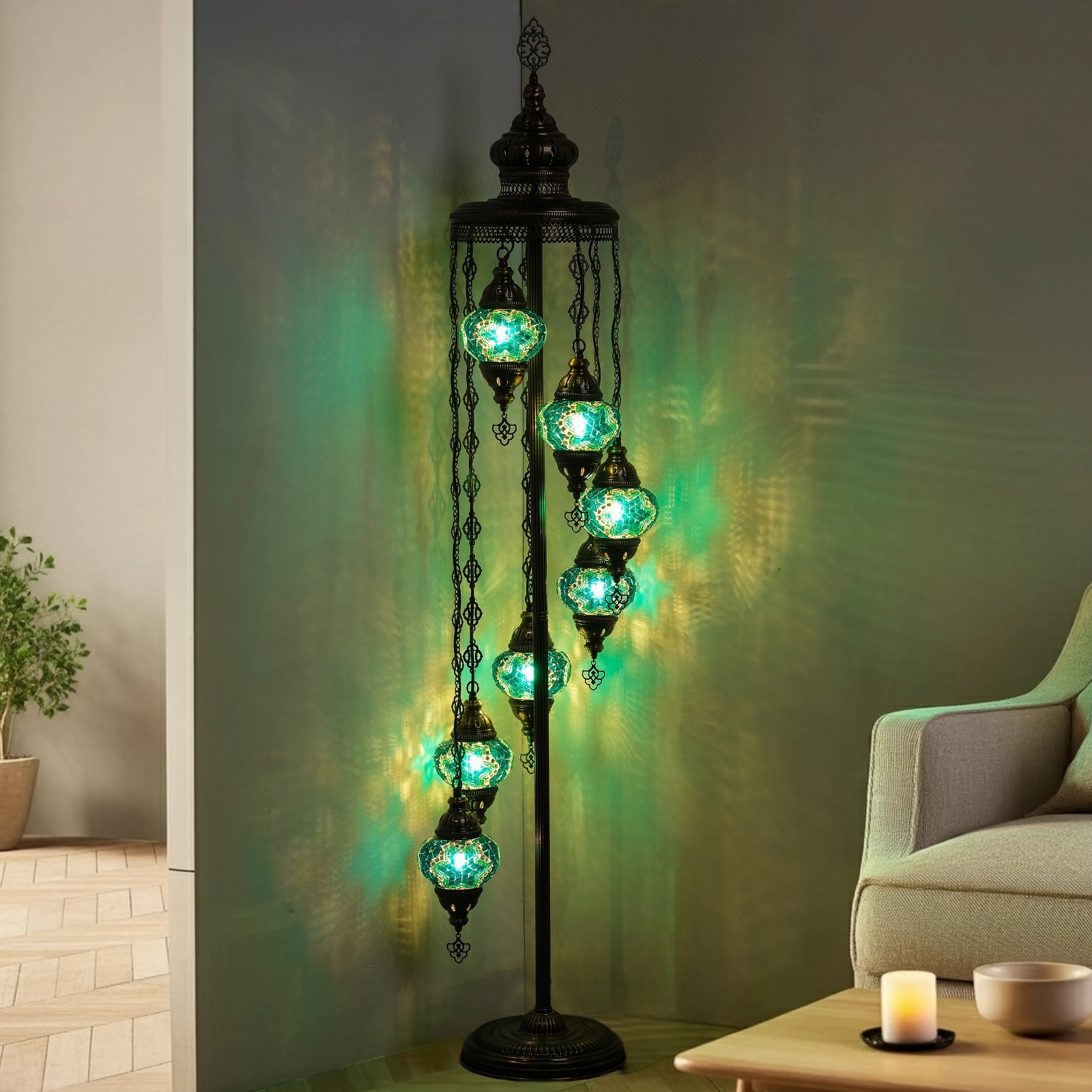 Turkish Mosaic Floor Lamp 7 Globes – 63” Tall Handmade Lamp with Bulbs Included