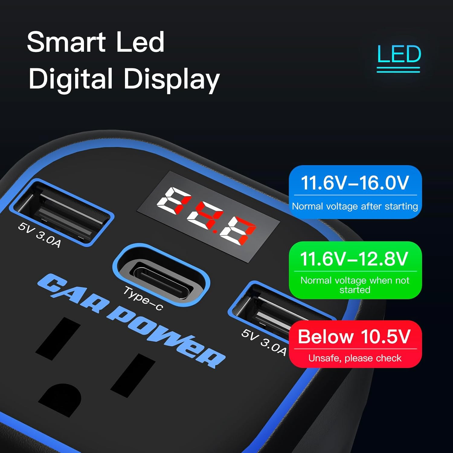 200W Car Power Inverter 12V to 110V Outlet Adapter Dual USB Type-C Blue