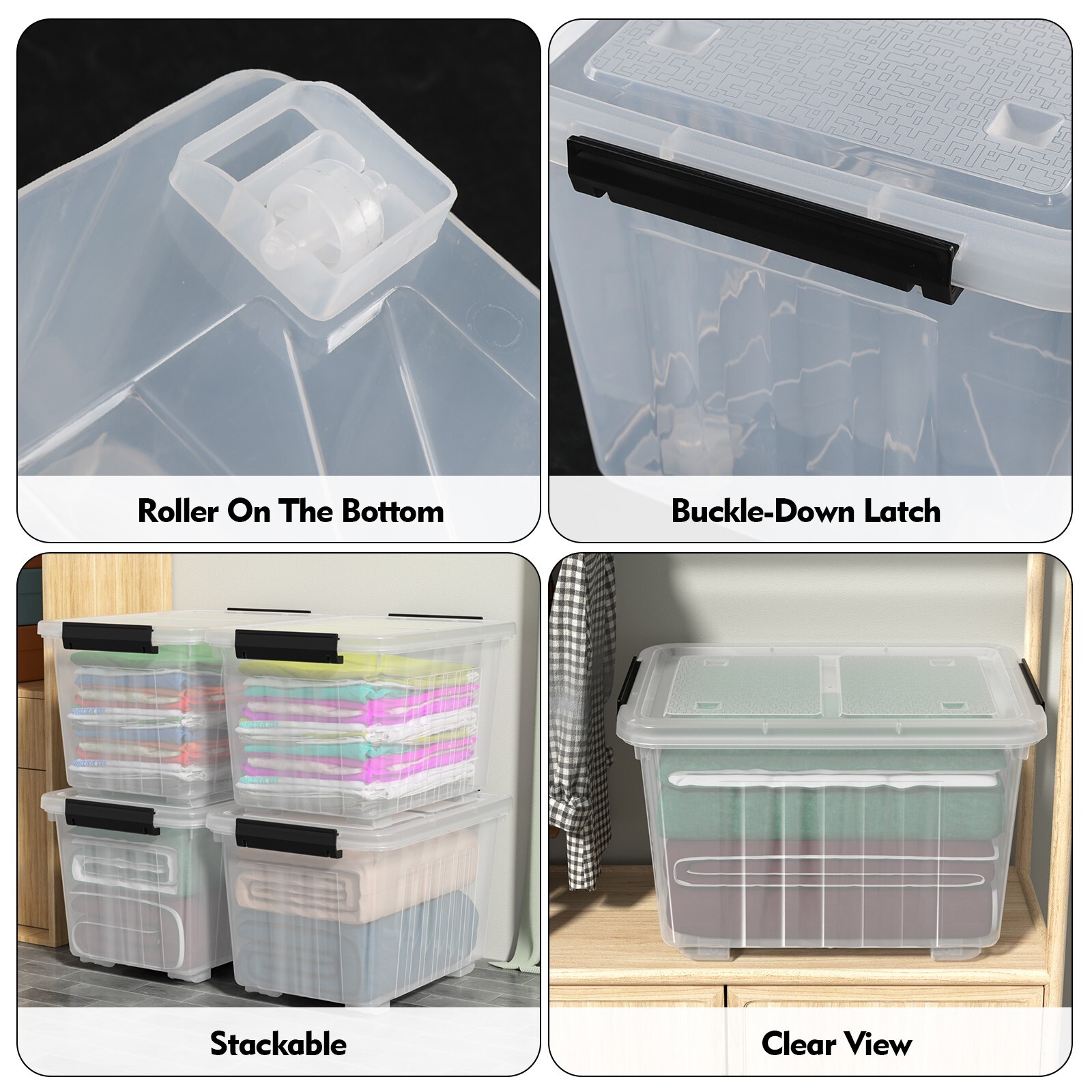 Kekow 30 Quart Gasket Box Stackable Storage Bin with Latching Lid &Wheels 4 Pack