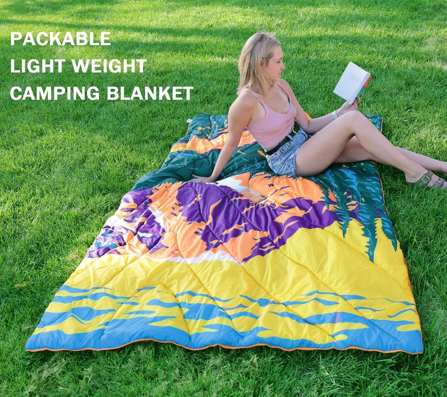 Camping Blanket, Puffy Waterproof Travel Blanket, Warm Cozy Picnic Blanket, for