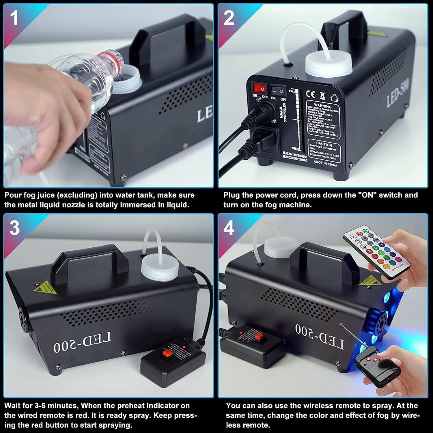 Smoke Machine, Fog Machine 8 LED Lights ,Wireless Remote Controls