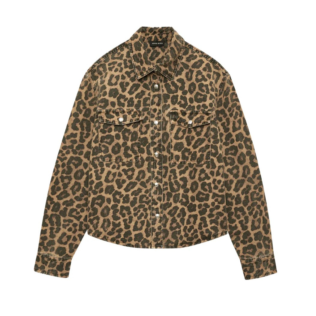 Anine Bing Paxton Shirt in Black & Brown Leopard 100% Cotton -  Women's Small