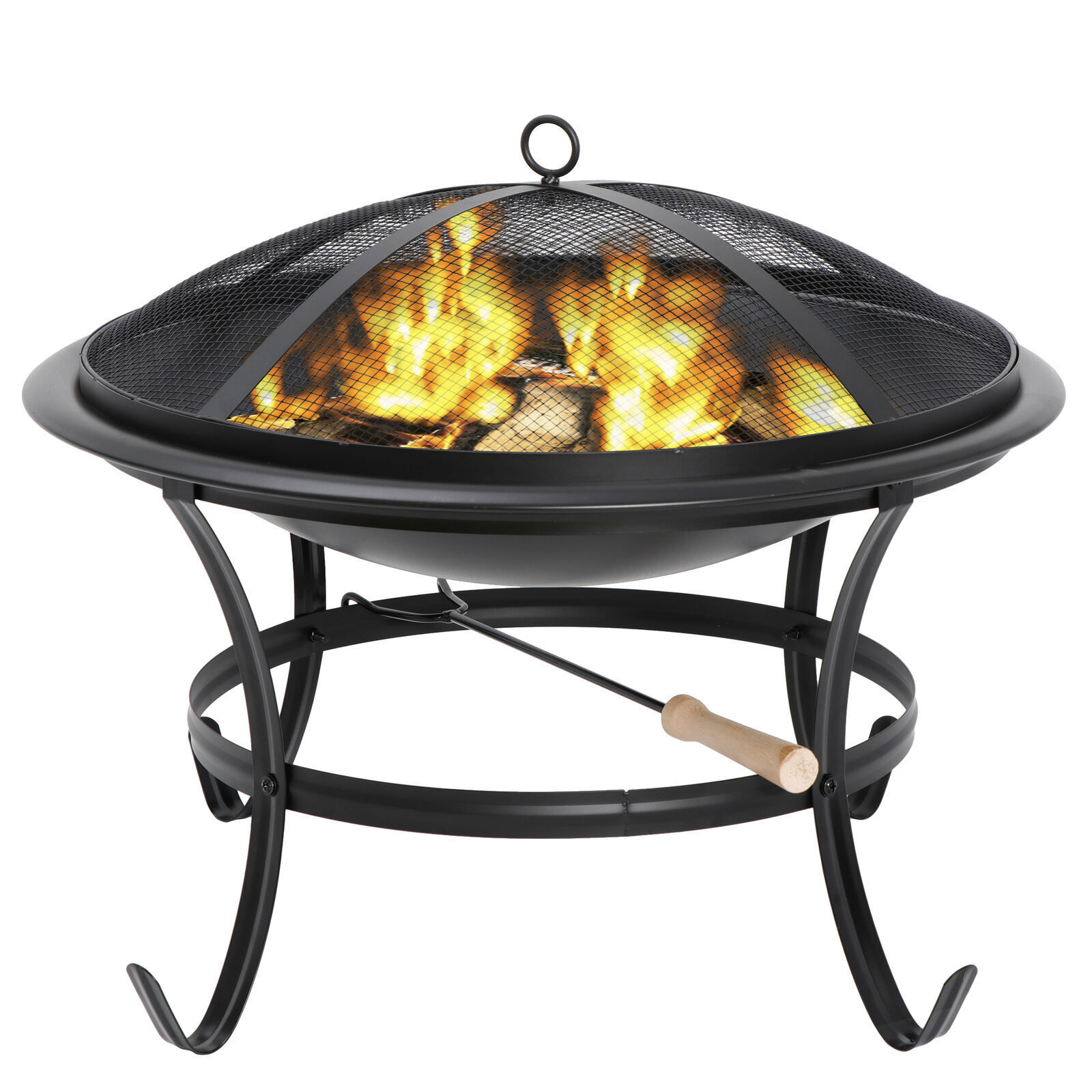 22" Round Fire Pit Patio Wood Burning Bowl Stove Fireplace W/ Lid Poker Black