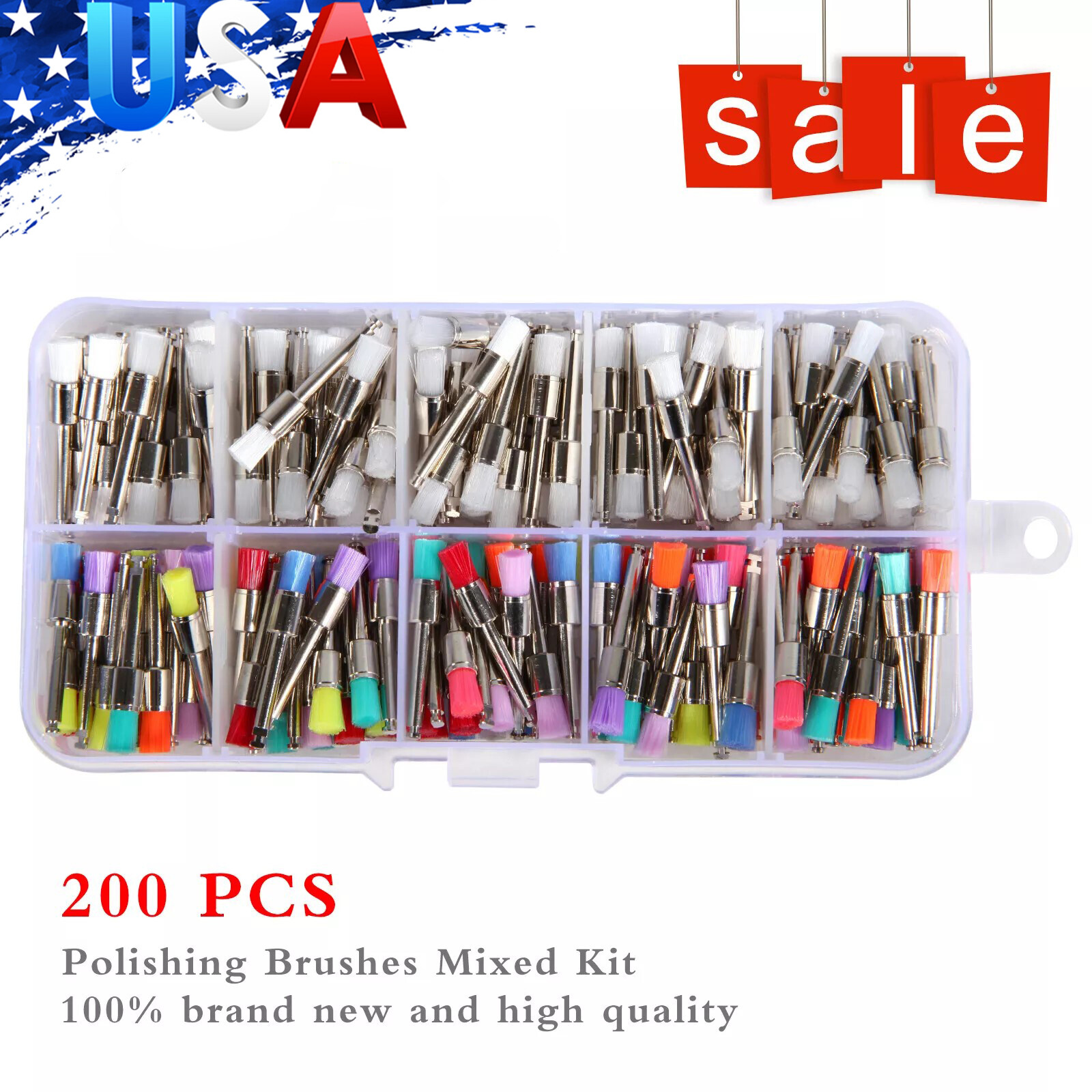 200 Pcs Dental White&Colorful Nylon Latch Flat Polishing Polisher Prophy Brushes