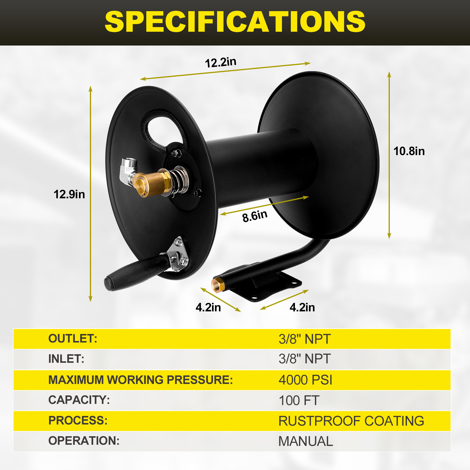 Pressure Washer Hose Reel W/ Jumper Hose for 3/8"NPT X100ft 4000PSI Retractable