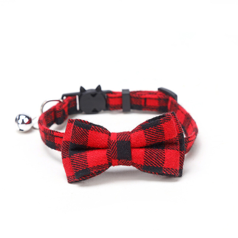 Check Plaid Cat Collar Breakaway - Bow tie Leopard Removable Kitten Silver Bell