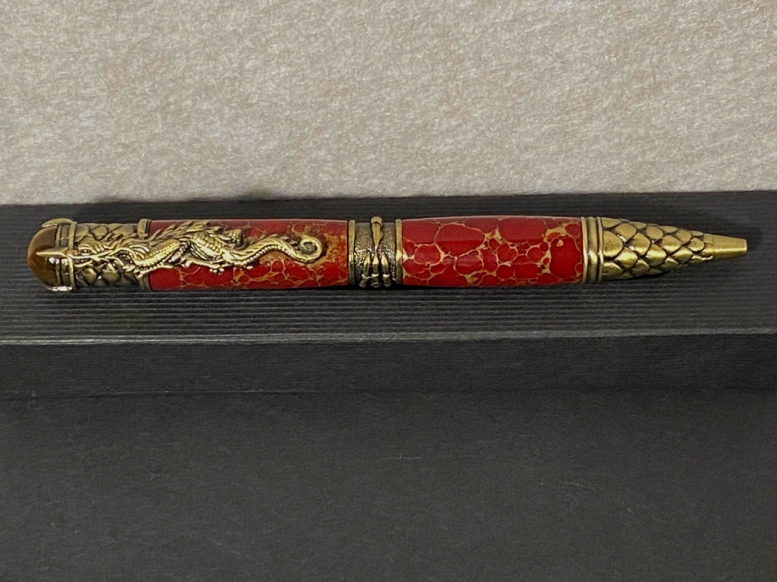 Red Jasper Crouching Dragon Armored Scales Twist Ballpoint Pen Tigers Eye