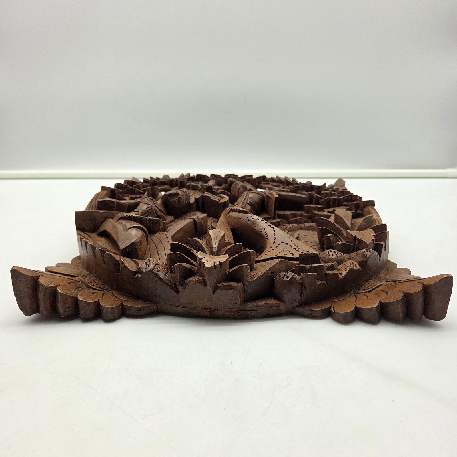 Balinese Bali Hand Carved Wood Relief Wall Art Dancers Floral 12"x11" Vintage