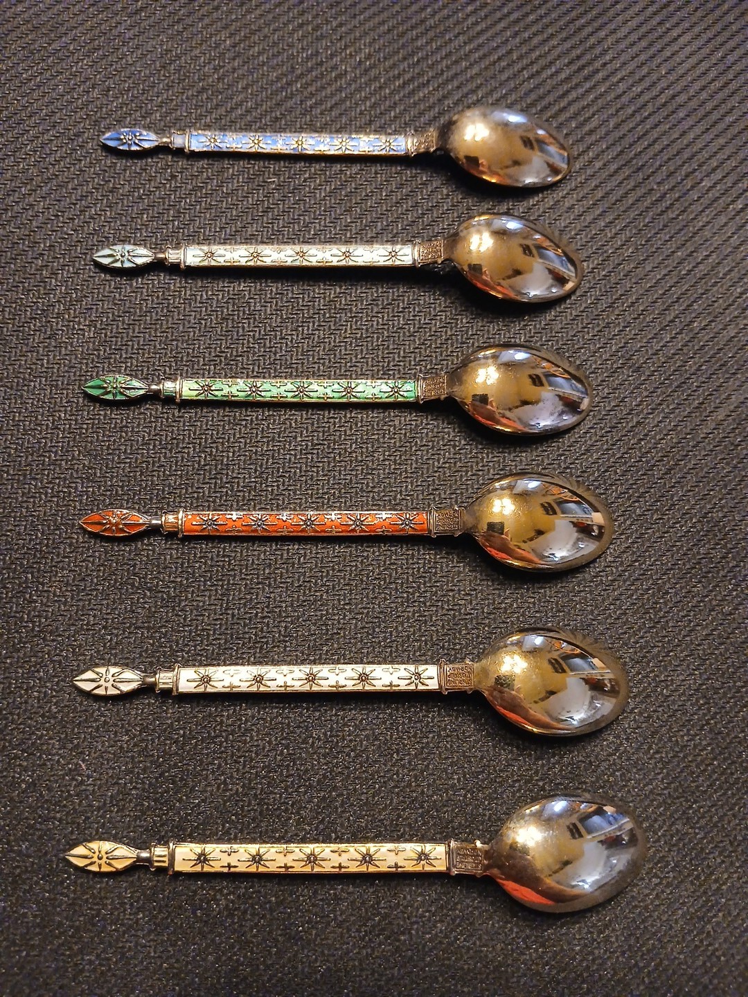 J TOSTRUP ~ Norway ~ Set of 6 Sterling Silver Enamel Demitasse Spoons - Nice!