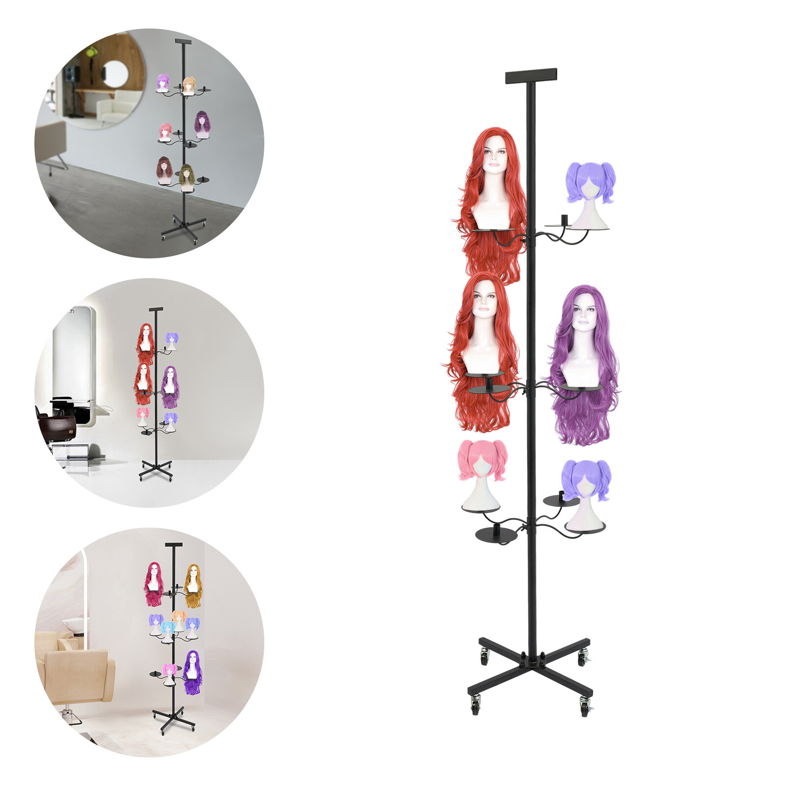 Wig Display&Storage Rack For 12-head Wig Stand W/wheel Styling Wig Storage Black