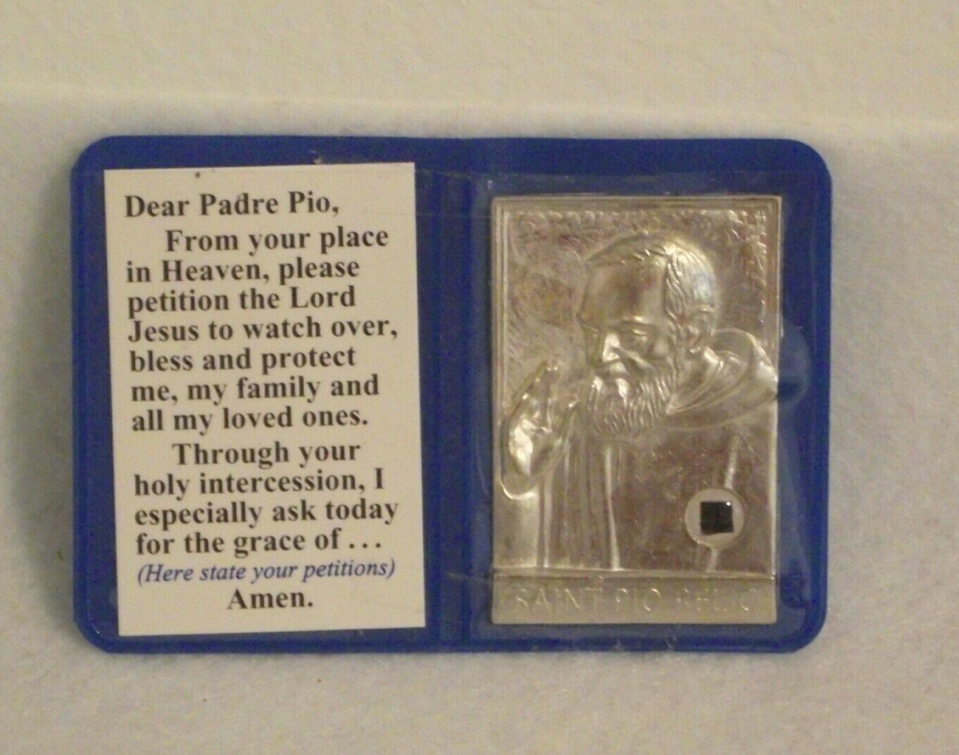 New old stock medal pocket shrine St Padre Pio relic prayer card folder