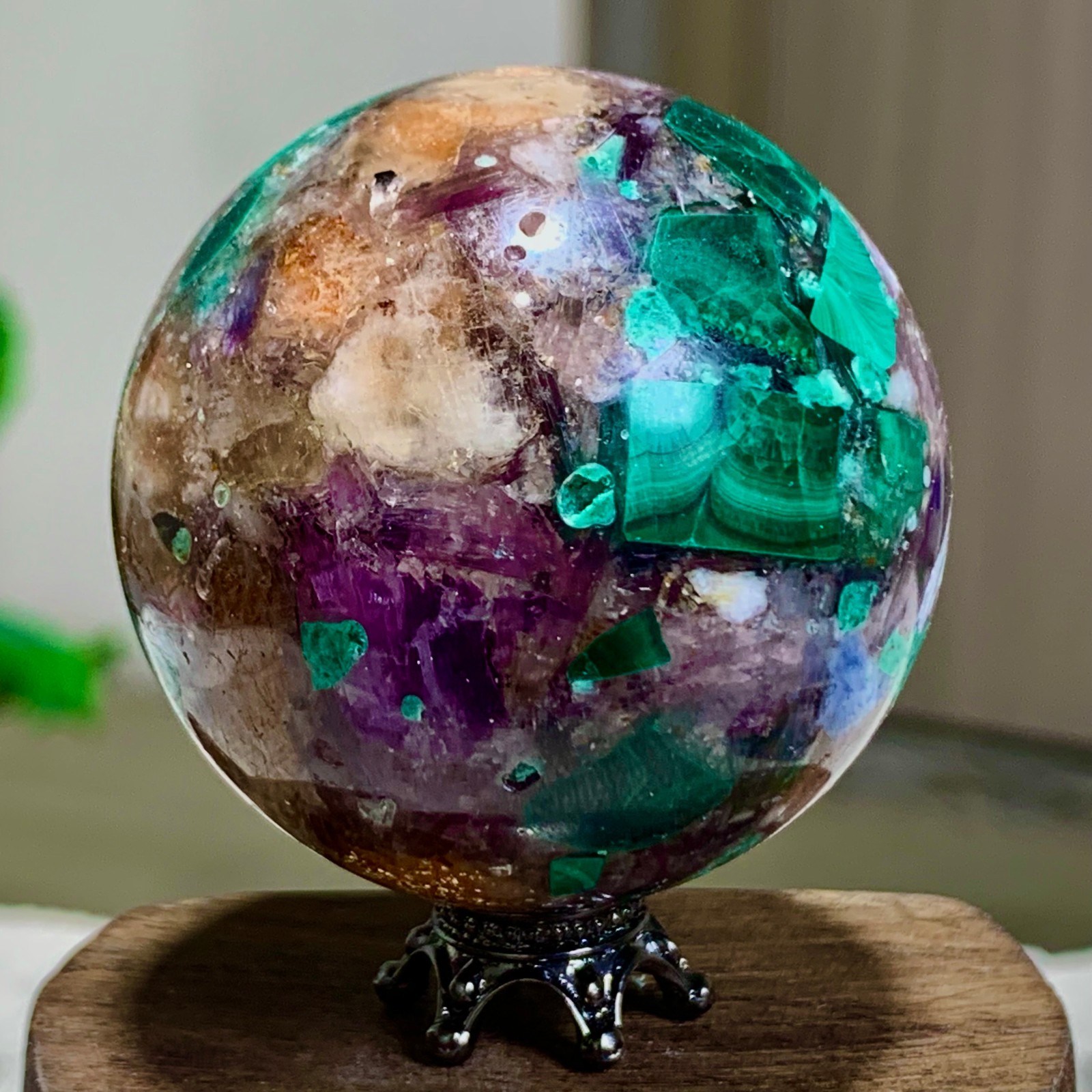 116G Newly discovered rare malachite purple mica symbiotic sphere restoration