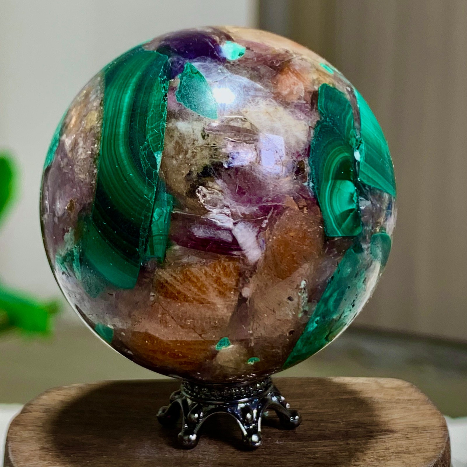116G Newly discovered rare malachite purple mica symbiotic sphere restoration