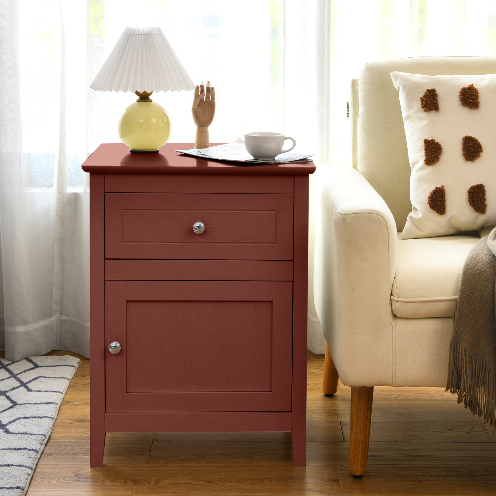 Costway Nightstand with Drawer Accent Side End Table Storage Cabinet Cherry