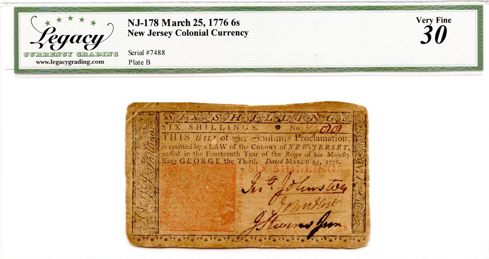New Jersey Colonial Note Fr#NJ-178 March 25, 1776 6s Legacy VF-30 *John Hart Sig