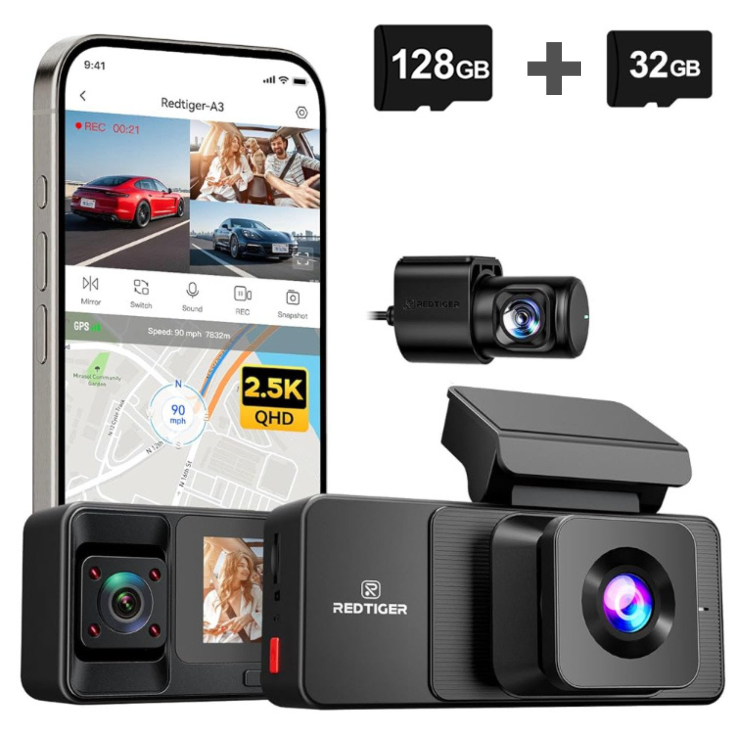 REDTIGER A3 3 Channel Dash Camera With 128GB+32GB Card 2.5K+1080P+1080P IRCamera