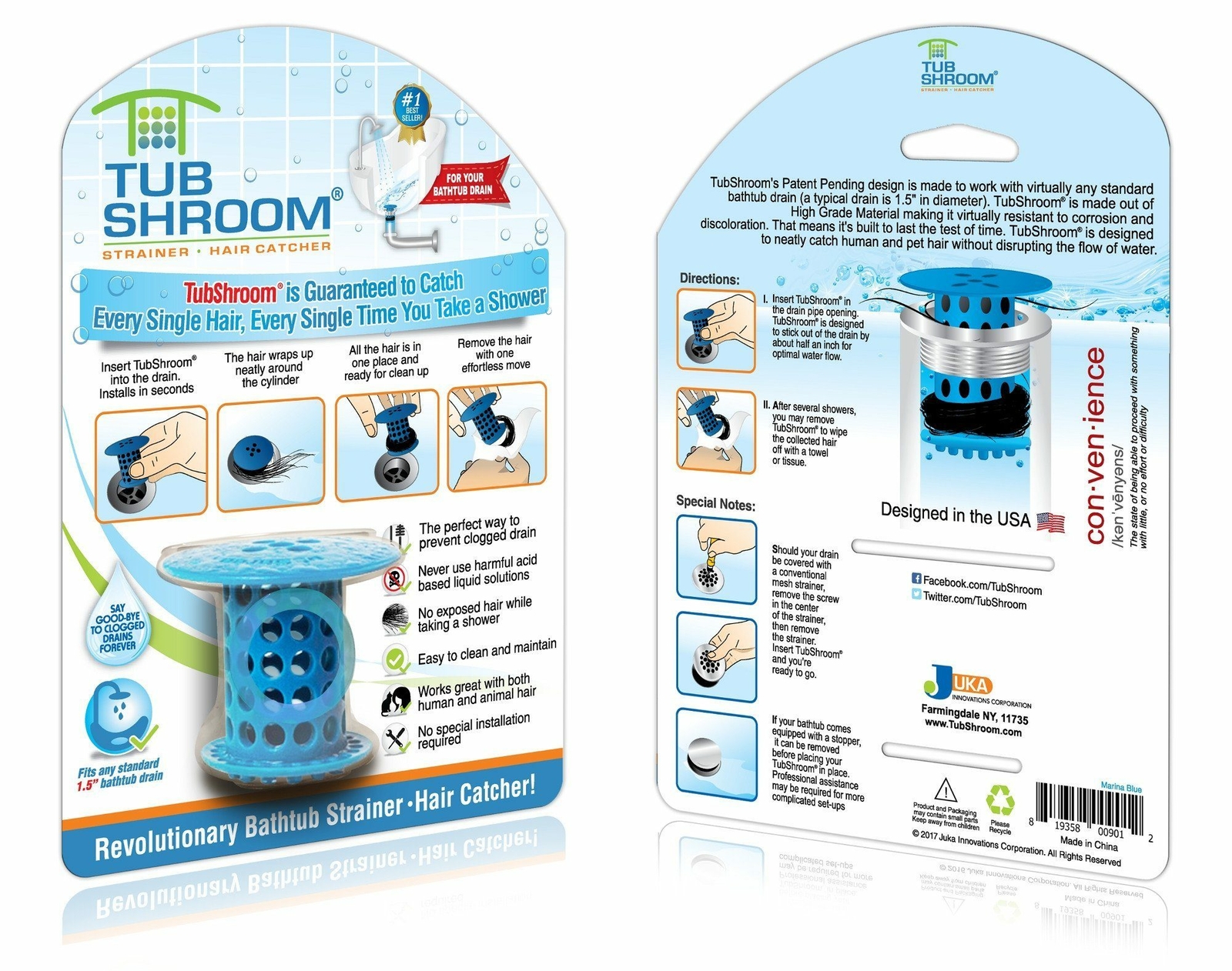 TubShroom® (Blue) Revolutionary Hair Catcher That Prevents Clogged Tub Drains