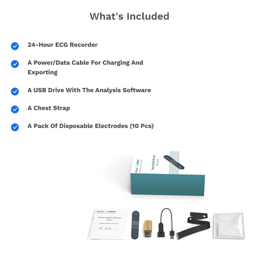 US stock Wellue Portable Dynamic ECG EKG Holter Recorder 24 Hours PC AI analysis
