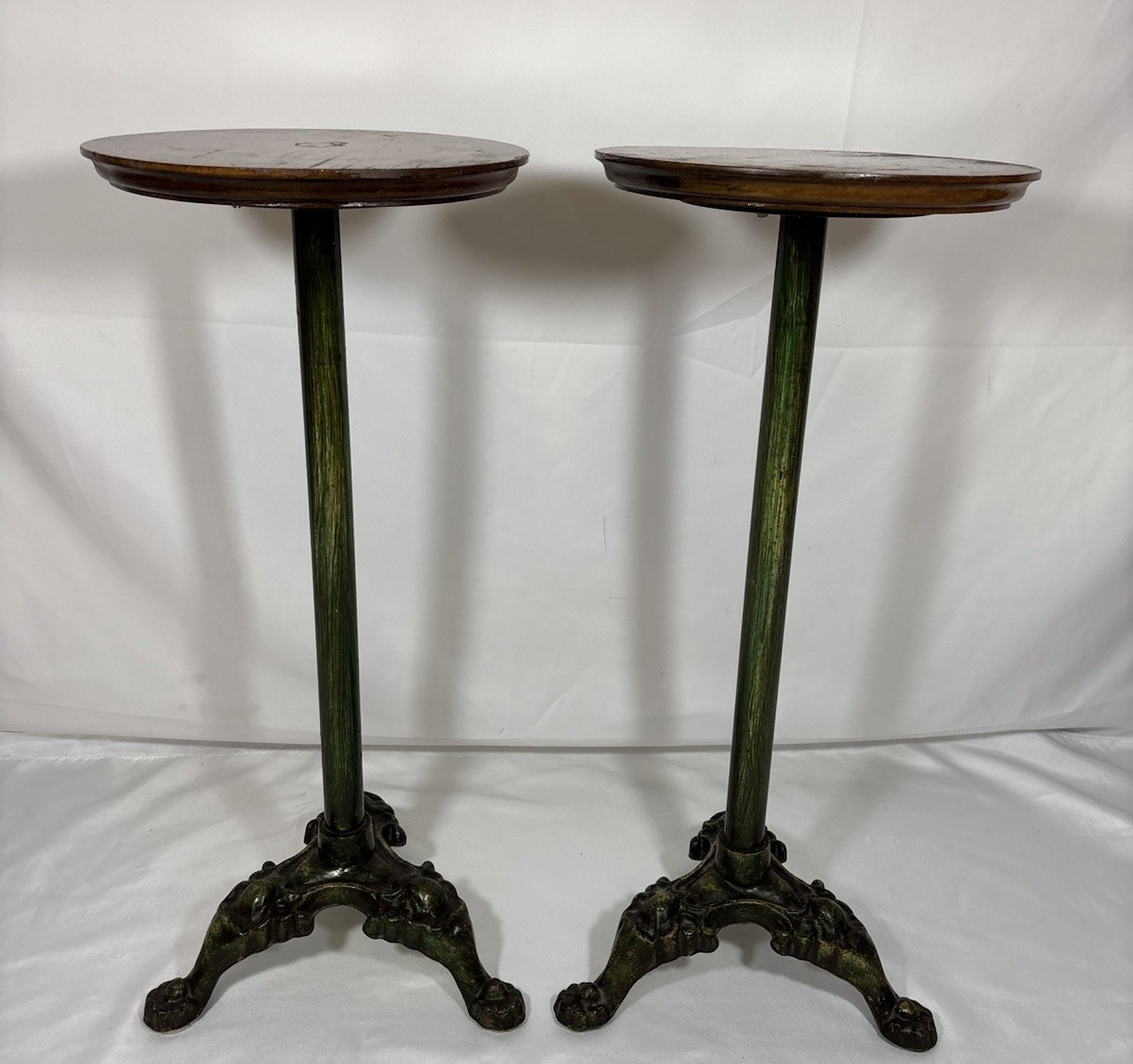 Antique Vintage Painted Green Cast Iron & Walnut? Wood Top Pedestal Plant Stand