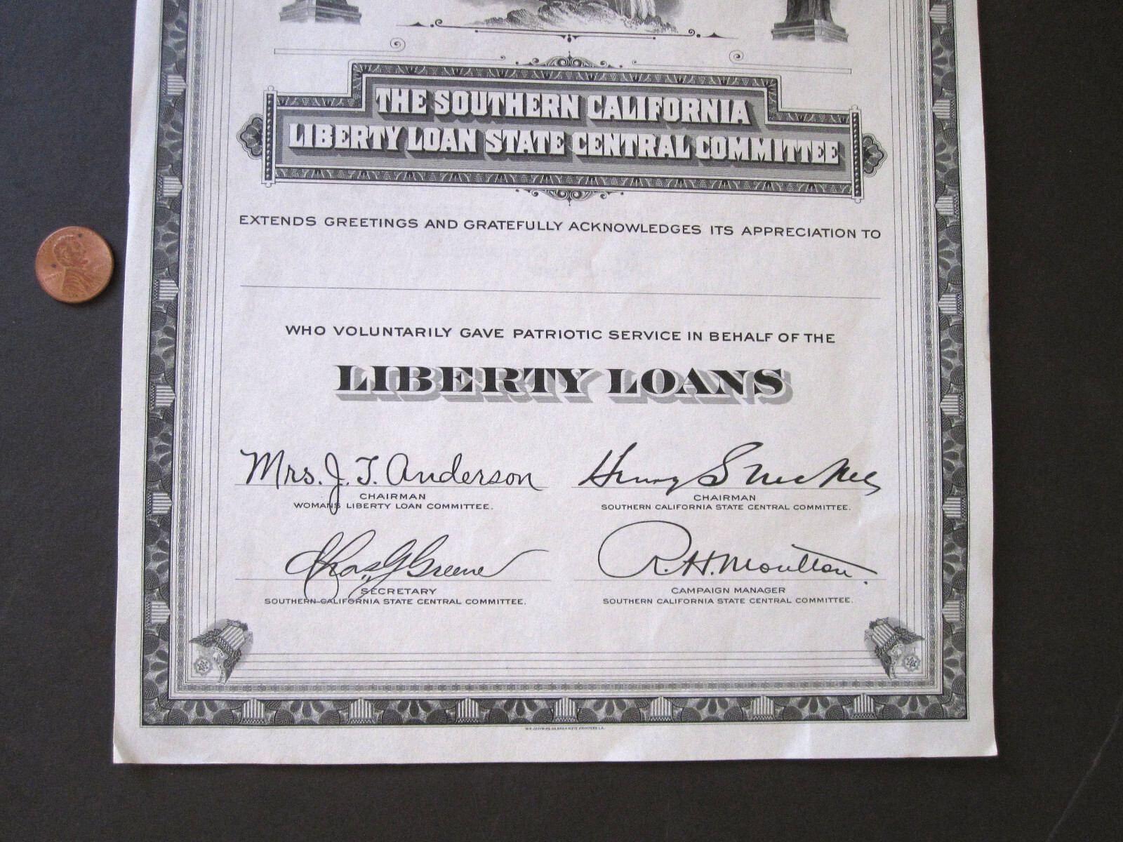 vTg 1918 WW1 Liberty Loan Committee 12th Federal Reserve District Calif certif