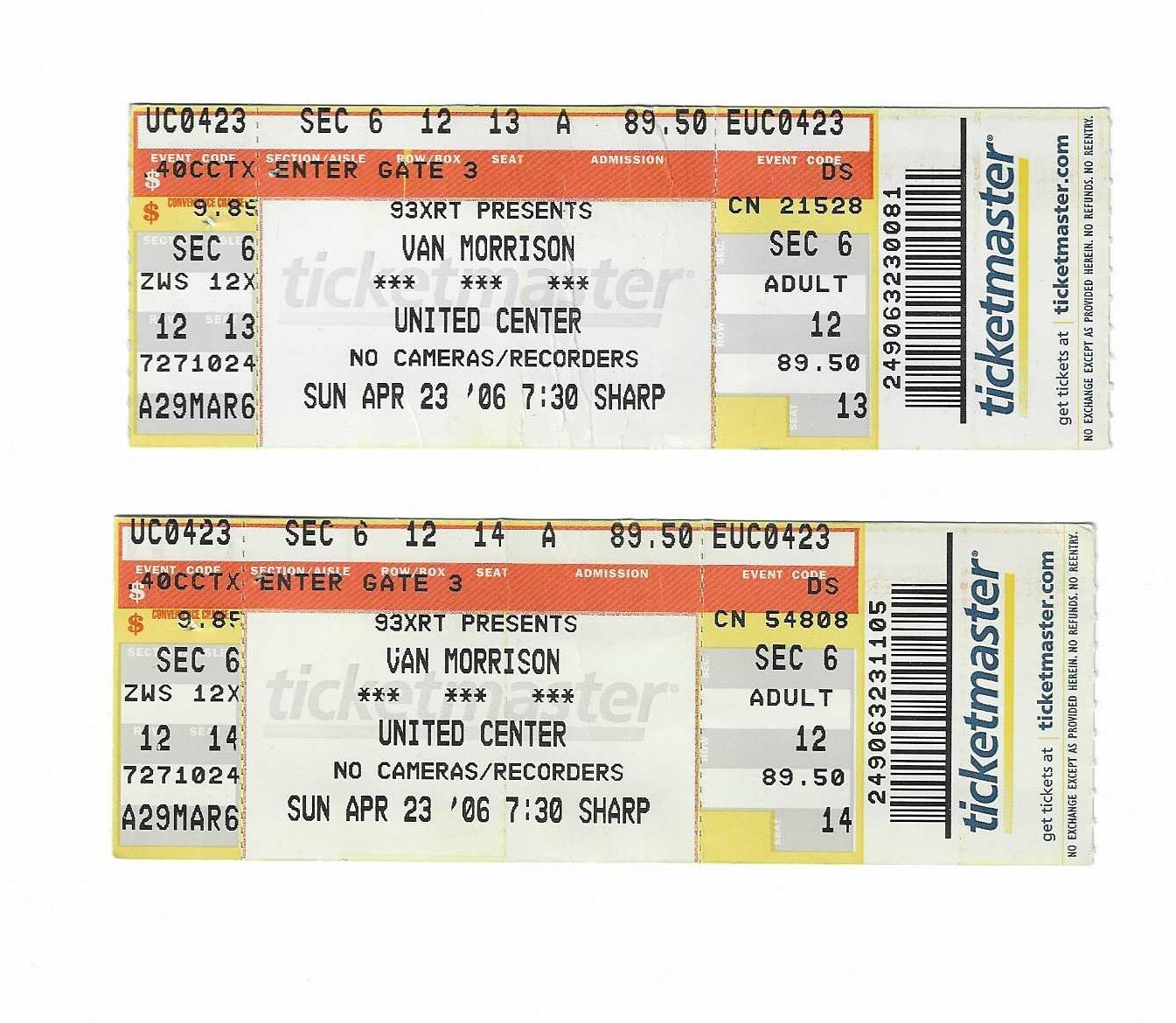 Van Morrison Unused Concert Tickets from April 23, 2006