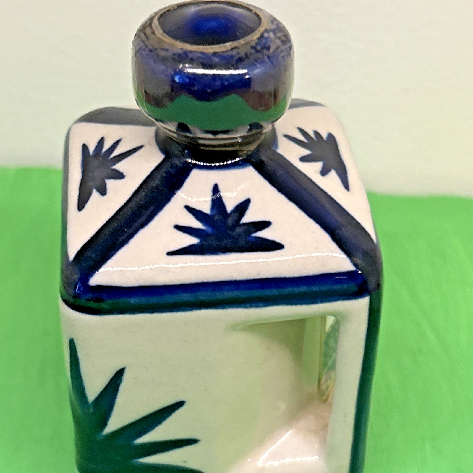 VTG Tonala Tequila Bottle Small White Blue 3" Tall Mexico Miniature "Empty"